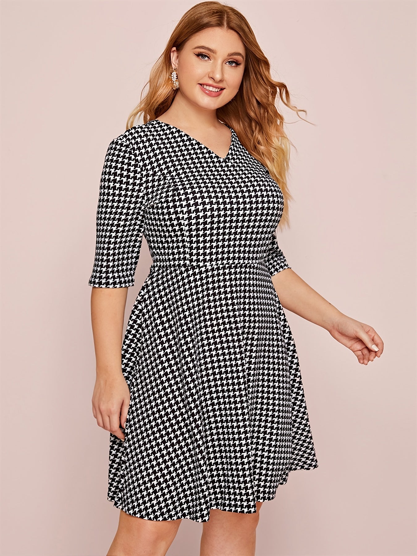 Houndstooth V Neck Midi Dress Women's Stretch Dress