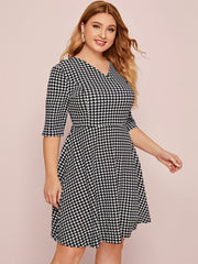 Houndstooth V Neck Midi Dress Women's Stretch Dress