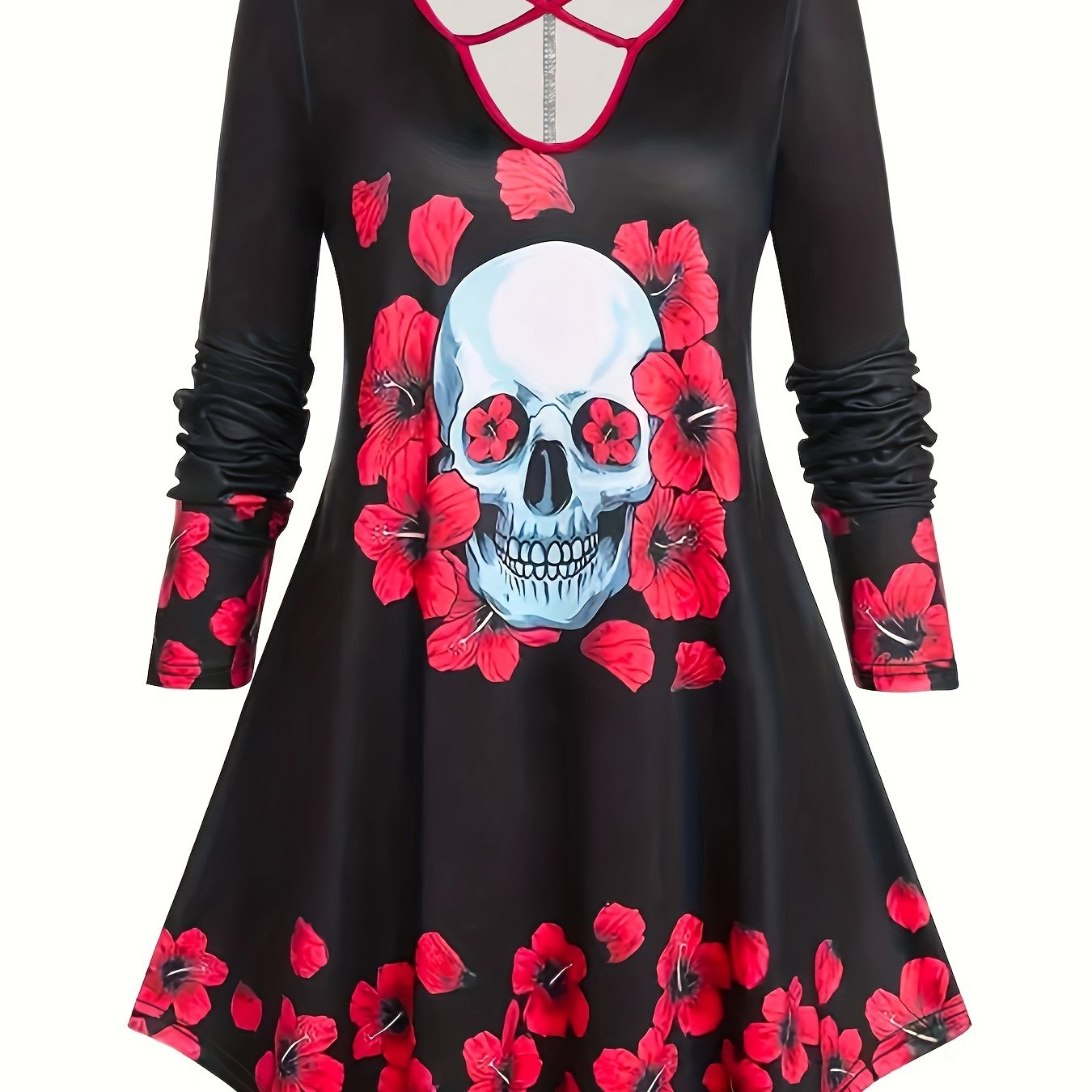 Skull & Floral Print Long Sleeve V Neck Dress