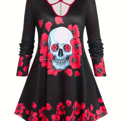 Skull & Floral Print Long Sleeve V Neck Dress