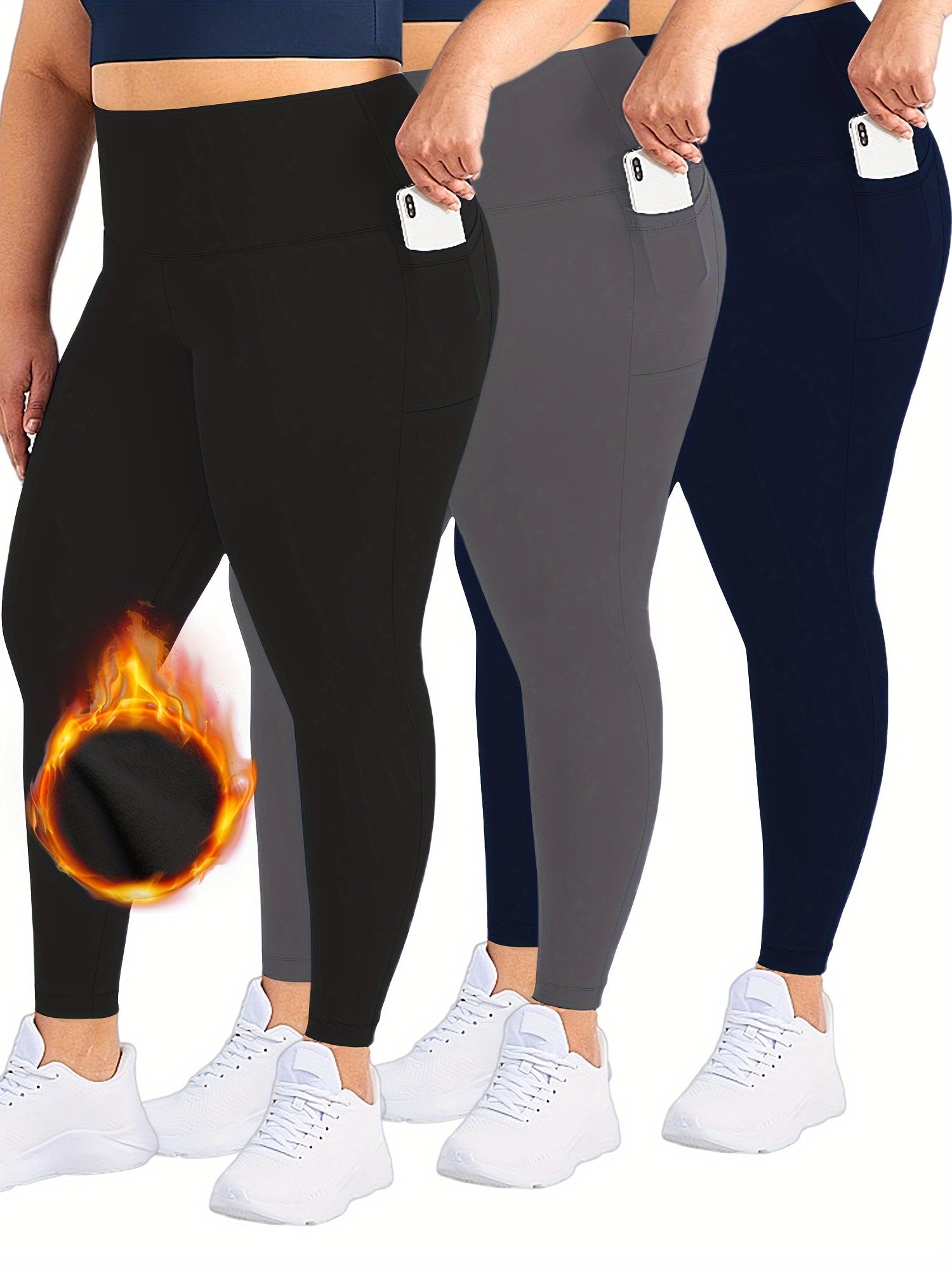 3 Pack Plus Size Casual Leggings Set Women's Plus Solid Liner Fleece Wideban...