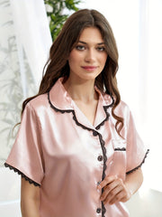 Satin Pajama Set Lace Trim Button Top & Shorts