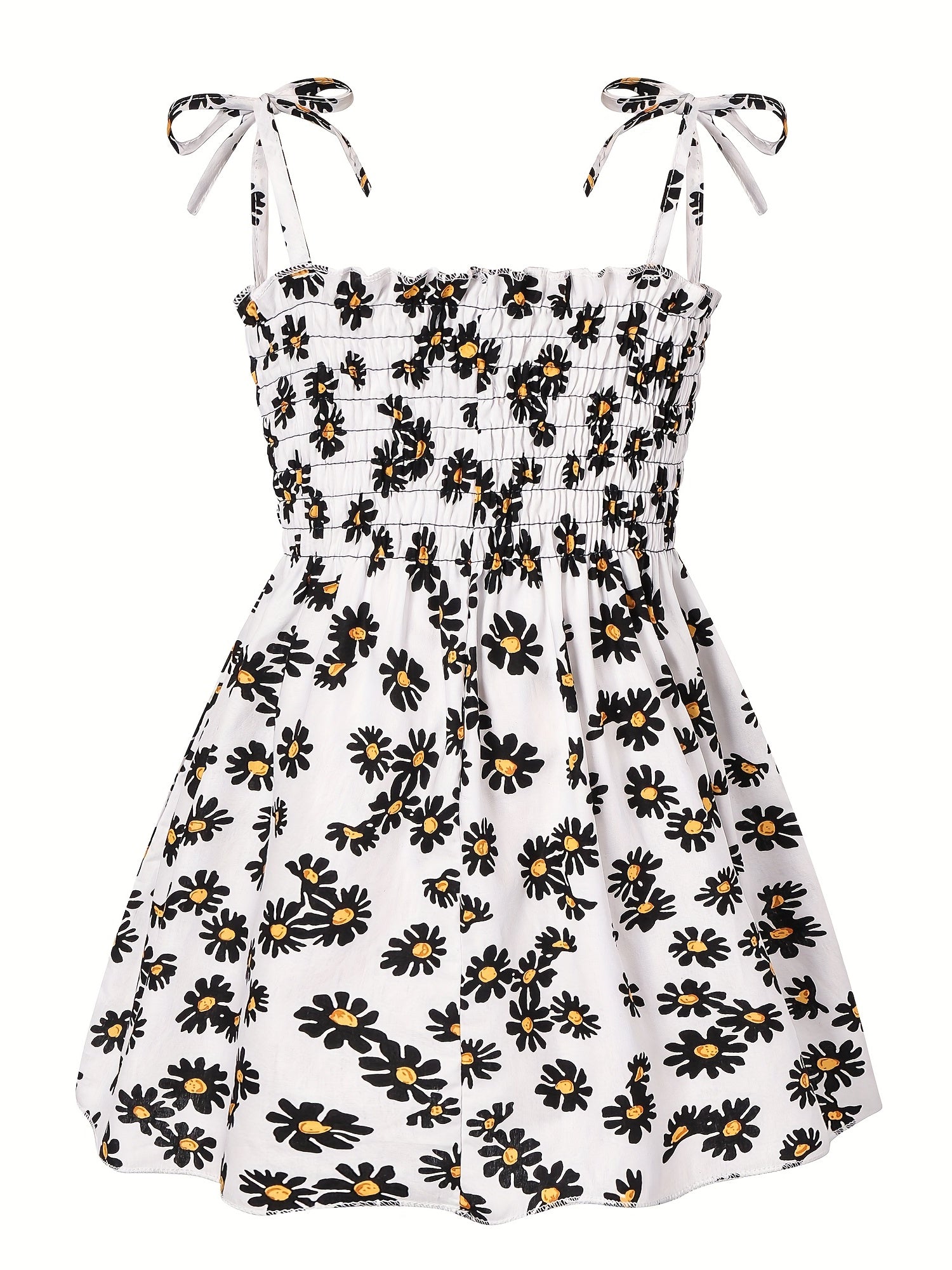Toddler Girls Daisy Graphic Frill Trim Shirred Bow Shoulder Princess Cami Dress