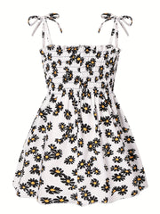 Toddler Girls Daisy Graphic Frill Trim Shirred Bow Shoulder Princess Cami Dress
