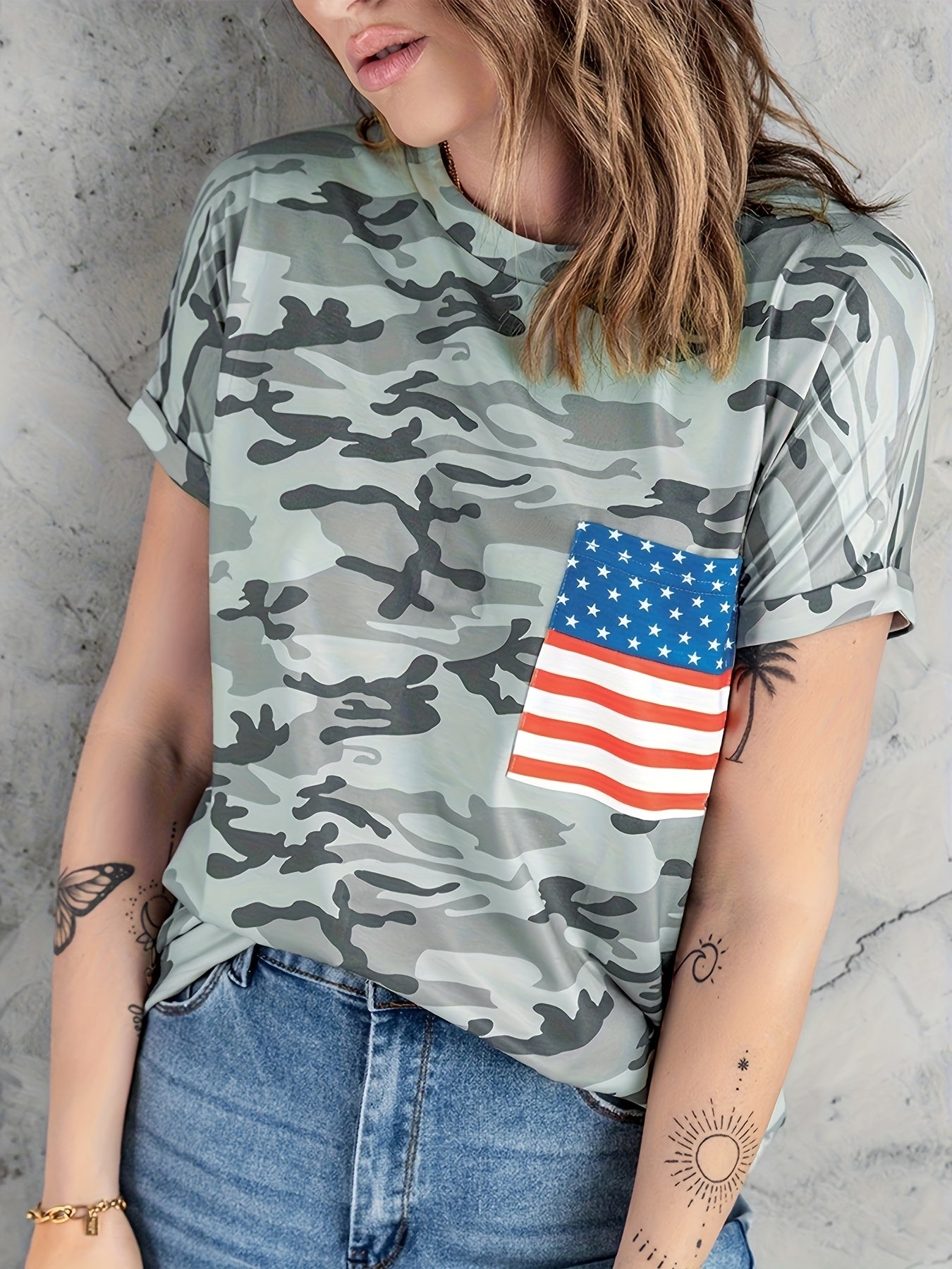Camouflage Print Crew Neck T shirts With American Flag T shirts