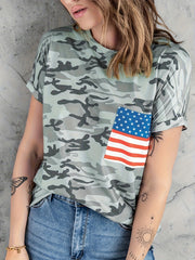Camouflage Print Crew Neck T shirts With American Flag T shirts