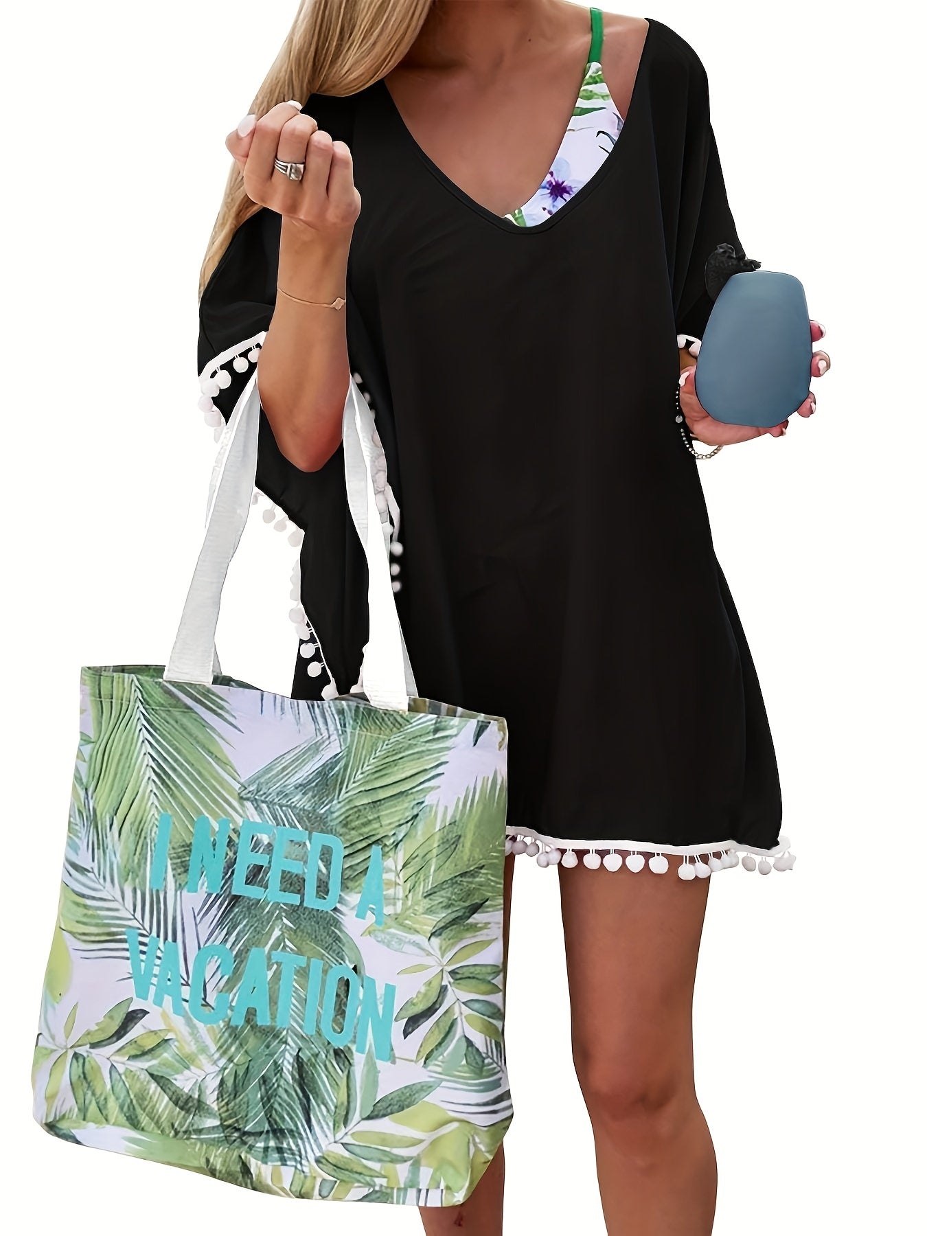 Chiffon Pom Pom Kaftan Beach Swimsuit Cover Up Scoop Neck Batwing Dress