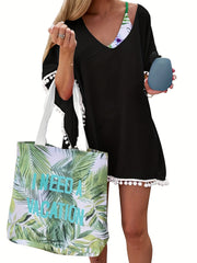 Chiffon Pom Pom Kaftan Beach Swimsuit Cover Up Scoop Neck Batwing Dress