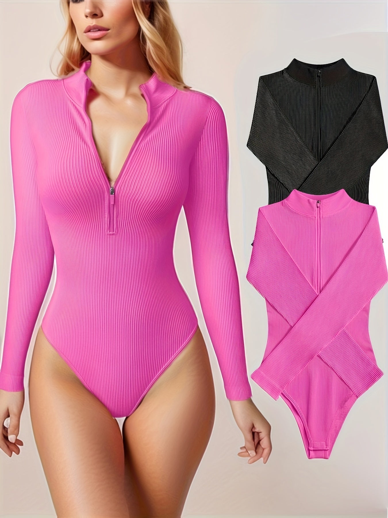 Ribbed Yoga Long Sleeve Zip Jumpsuit Mock Neck Bodysuit
