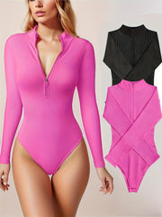 Ribbed Yoga Long Sleeve Zip Jumpsuit Mock Neck Bodysuit