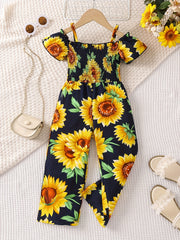 Girls Sunflower Off Shoulder Jumpsuit One Piece Romper