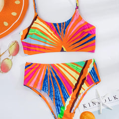 Colorblock Bikini Set Spaghetti Straps High Waist Swimsuit Women's Swimwear