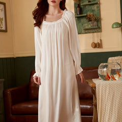 Solid Long Night Dress Court Style Long Sleeve Crew Neck Pajama Dress