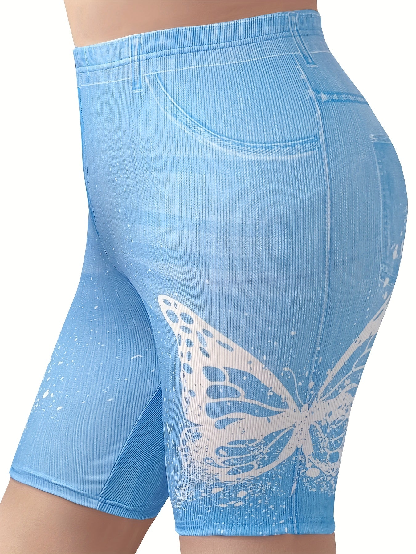 Denim & Butterfly Print High Rise Skinny Shorts