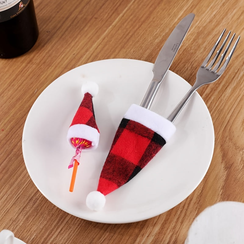 2pcs Christmas Props Red And Plaid Cloth Hats Mini Christmas Hat And Fork Set