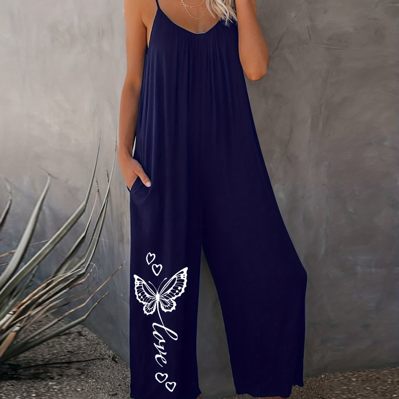 Casual Romper Women's Plus Solid Butterfly & Heart Print Cami Jumpsuit