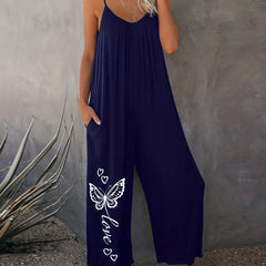 Casual Romper Women's Plus Solid Butterfly & Heart Print Cami Jumpsuit