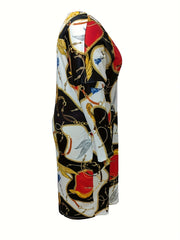 Plus Colorblock Chain Print V Neck Dress With Pockets