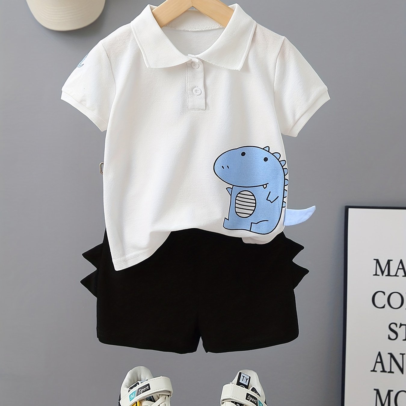 Boys Dinosaur Graphic Polo Shirt & Shorts Set Kids Summer Clothes