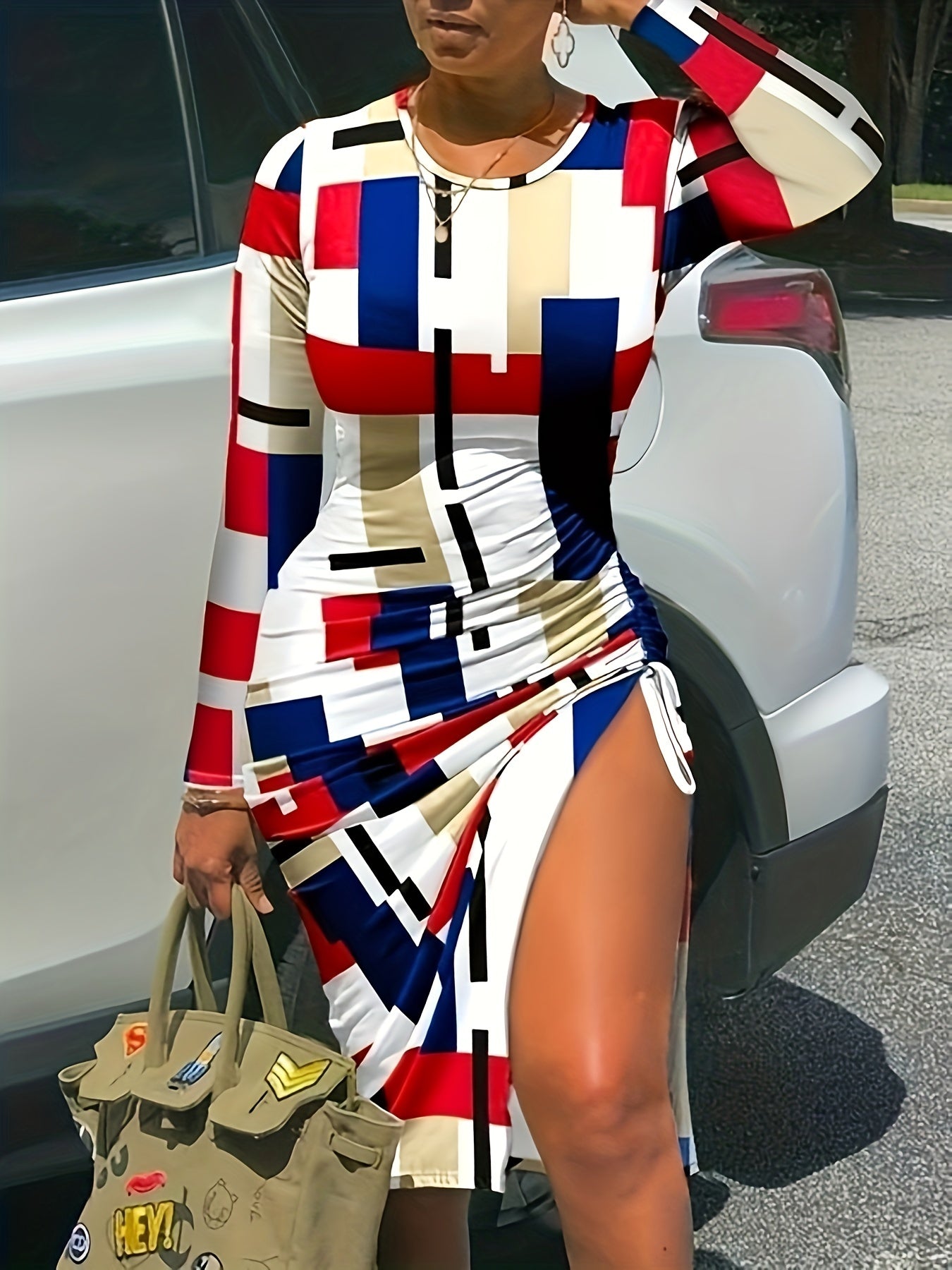Geo Print Bodycon Dress Sexy Long Sleeve Dress Women's Clothing