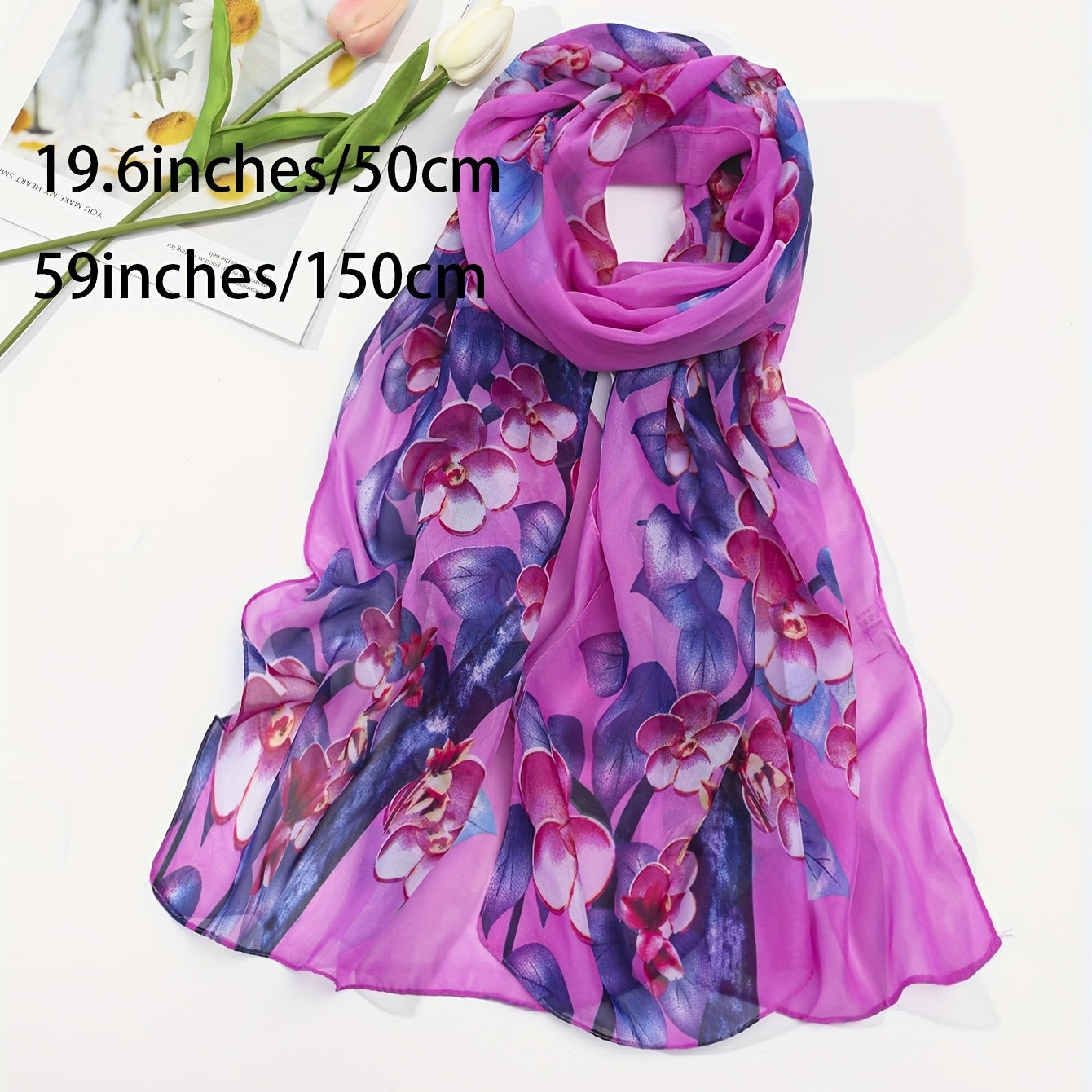 Purple Flower Print Scarf Hijab Shawl Windproof Head Wraps Bandana Women