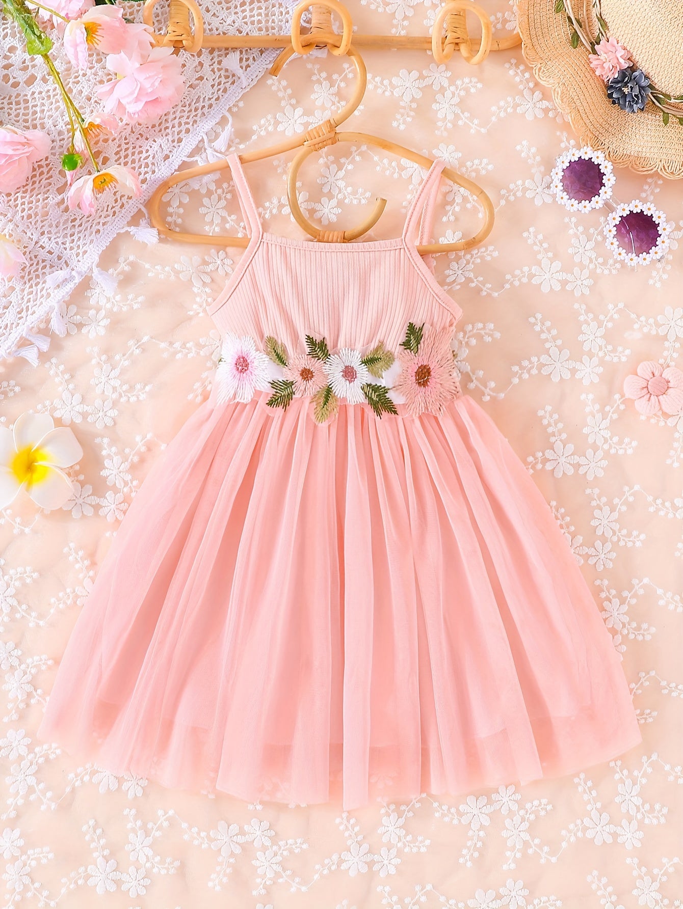 Toddler Girls Flowers Embroidery Mesh Princess Cami Dress