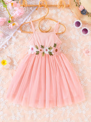 Toddler Girls Flowers Embroidery Mesh Princess Cami Dress