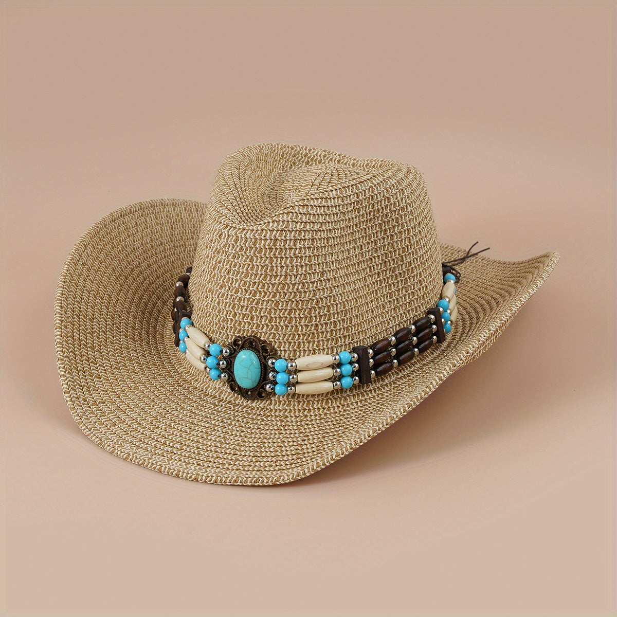 Turquoise Chain Decor Cowboy Hat Khaki Western Straw Cowgirl Hats