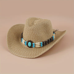 Turquoise Chain Decor Cowboy Hat Khaki Western Straw Cowgirl Hats