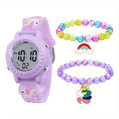 3pcs Unicorn Watch Bracelet For Girls Waterproof Alarm Clock Calendar Watch