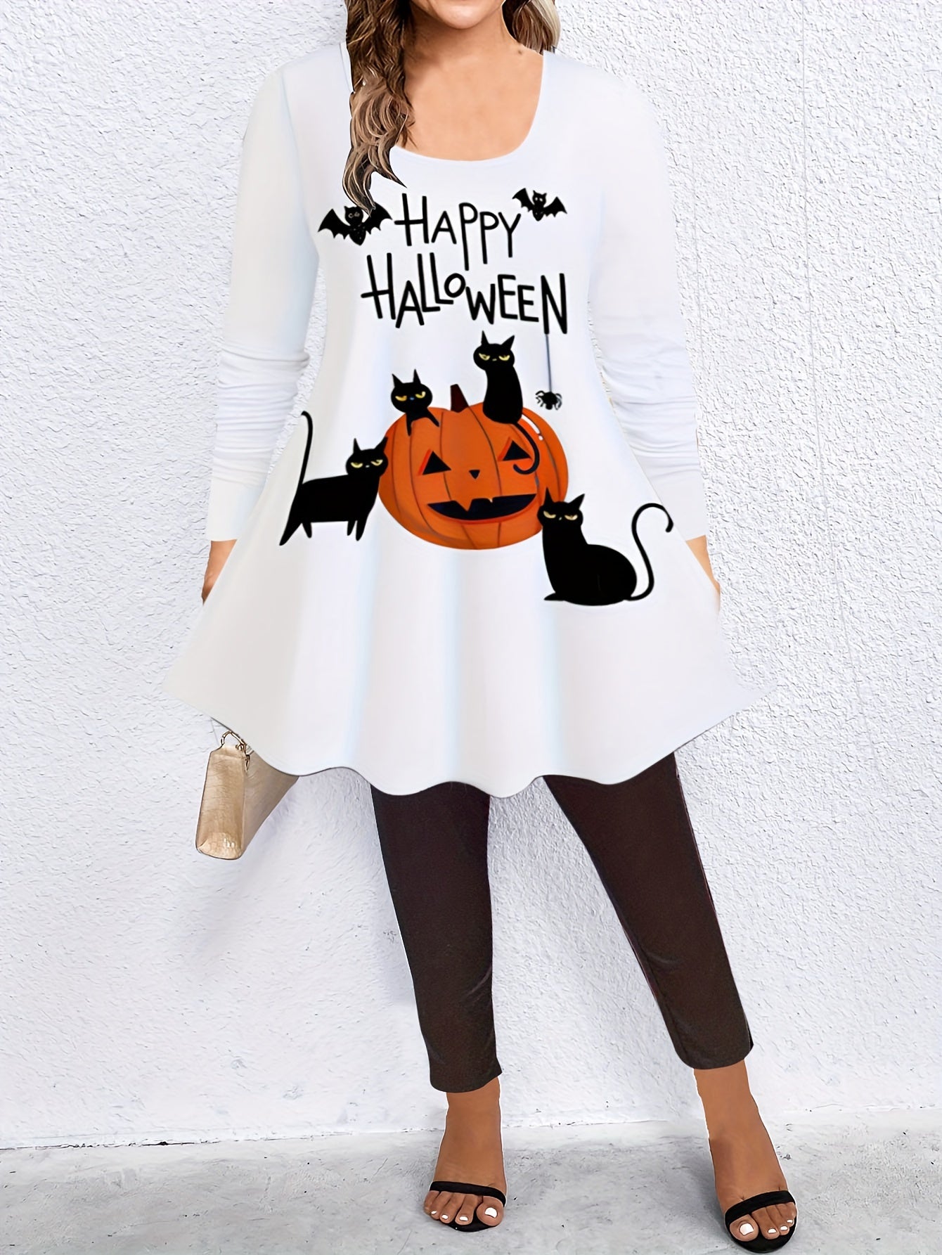 Women's Plus Pumpkin & Cat Print Long Sleeve Tunic Top & Leggings Set