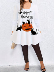 Women's Plus Pumpkin & Cat Print Long Sleeve Tunic Top & Leggings Set