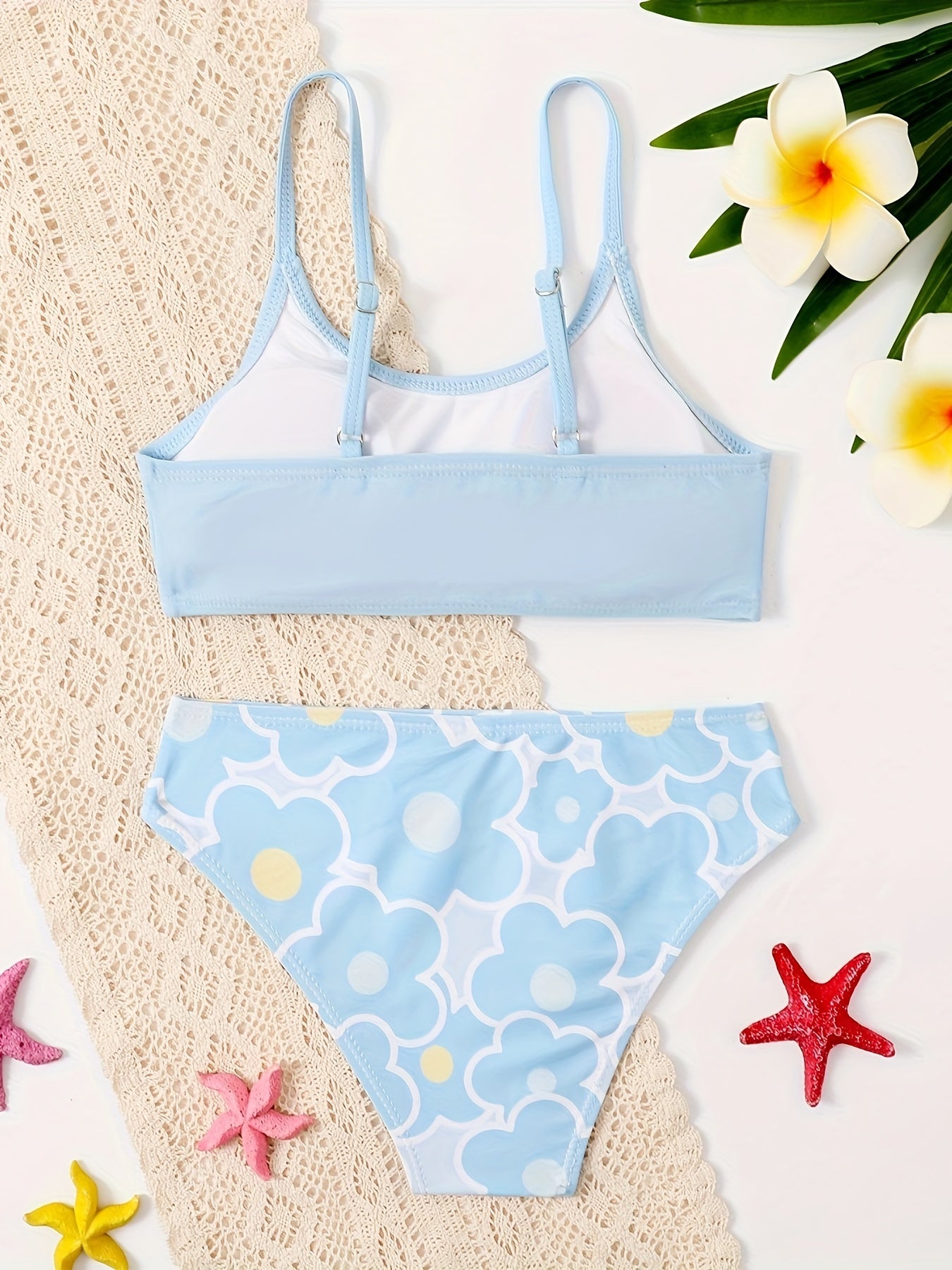 2pcs Girls Sweet Bikini Swimsuit Sets Solid Top Flower Graphic Briefs Set