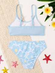 2pcs Girls Sweet Bikini Swimsuit Sets Solid Top Flower Graphic Briefs Set