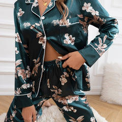 Floral Pattern Pajamas Set Satin Button Up Long Sleeve Blouse & Pajama Pants
