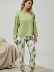 Plaid Print Long Pajamas Set Crew Neck Top & Comfortable Pant