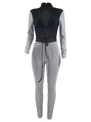 Solid Block Long Sleeve Bodycon Jumpsuit Hollow Jumpsuit