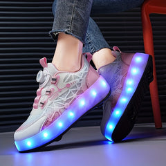 Girl's LED Roller Shoes with Rotating Buckle - Detachable Wheel Skate Sneakers