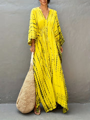 Tie Dye Cover Up Dress V Neck Loose Fit Beachwear Caftan