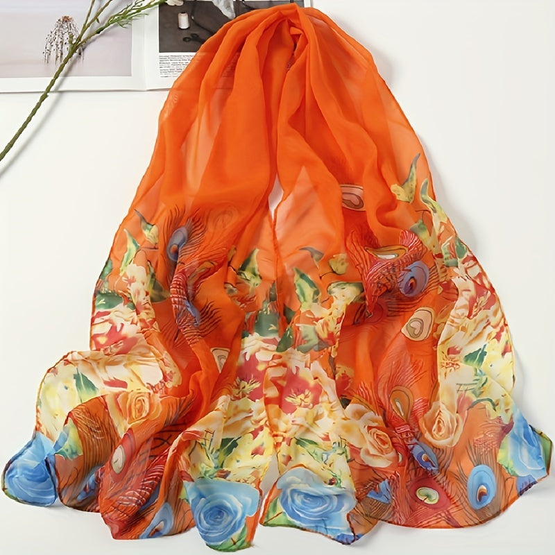 Peacock Print Chiffon Scarf Breathable Shawl Women Outdoor Gauze Head Wrap