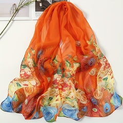 Peacock Print Chiffon Scarf Breathable Shawl Women Outdoor Gauze Head Wrap