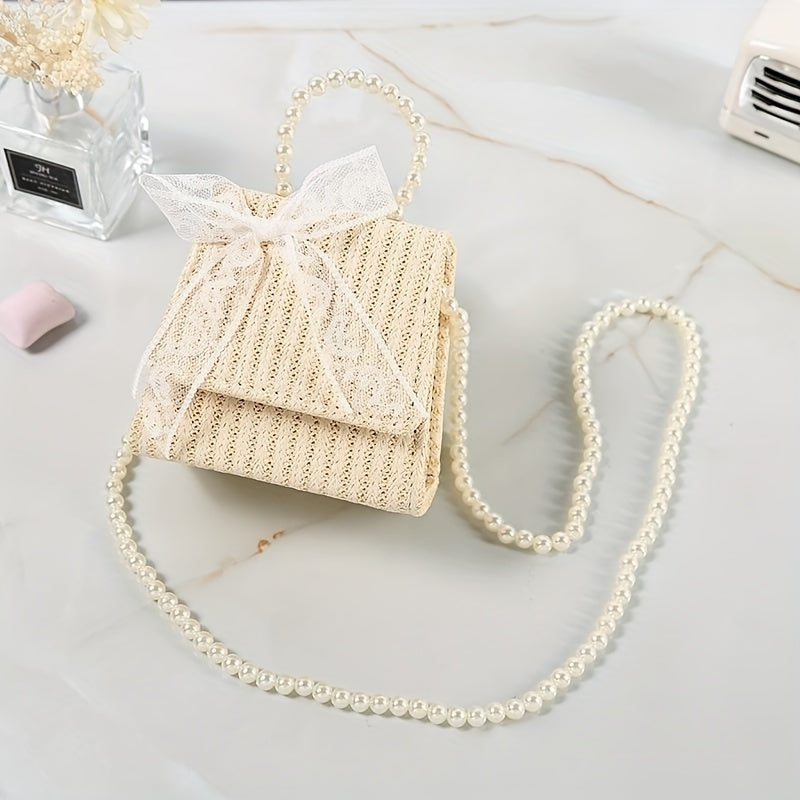 Straw Crossbody Bag with Faux Pearl Handle for Women