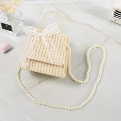 Straw Crossbody Bag with Faux Pearl Handle for Women