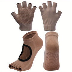 Non-slip Yoga Socks & Gloves Set Toeless Pilates Half Fingerless