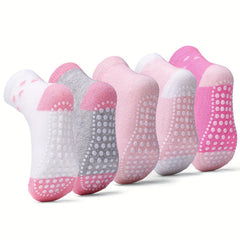 5 Pairs Girls Cotton Crew Socks, Anti-Skid Dots, Trampoline Short Socks