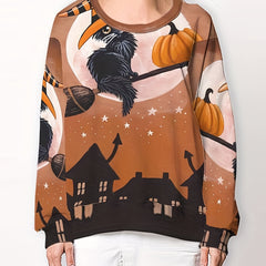 Halloween Witch Cat & Pumpkin Print Sweatshirt