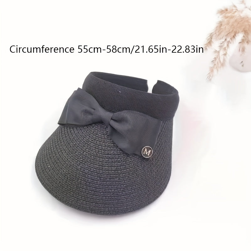 Bow Decor Sun Visor Hat Casual UV Protection Foldable Straw Sun Hat