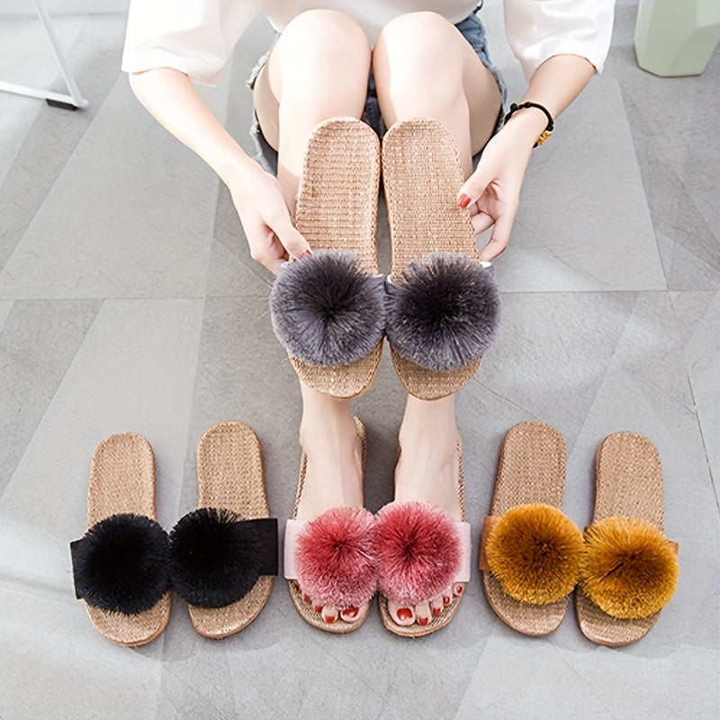 Furry Decor Slippers Open Toe Non Slip Sandals Lightweight Indoor Shoes