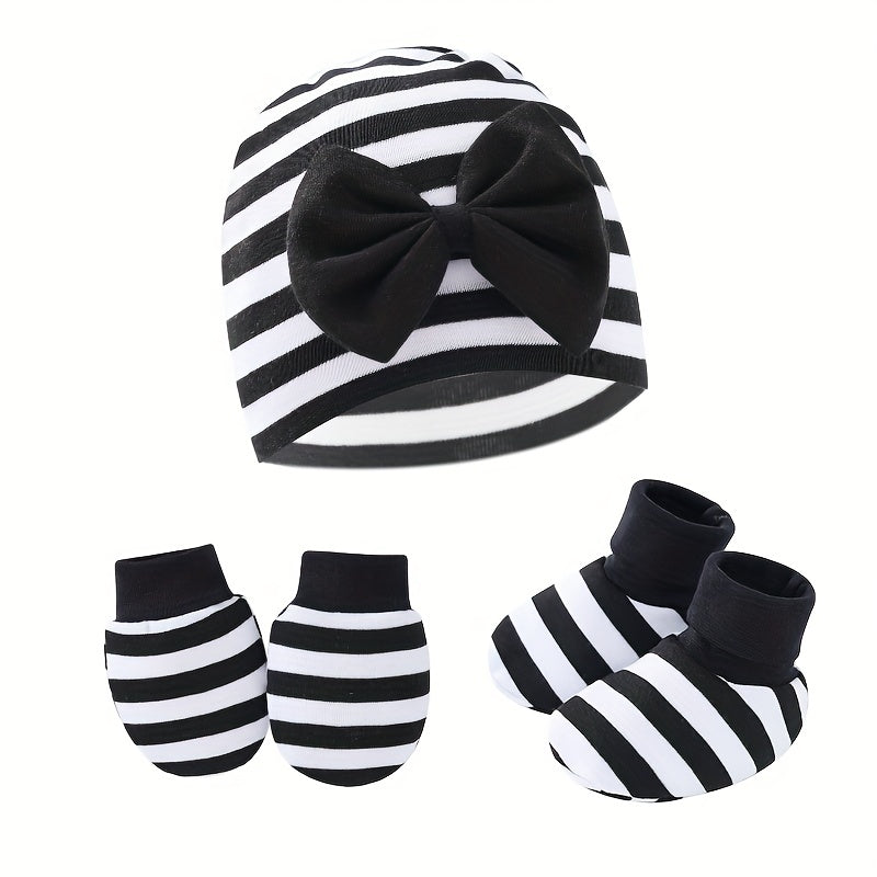 Newborn Baby Set: Hat with Bow, Mittens, Non-Slip Socks