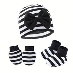 Newborn Baby Set: Hat with Bow, Mittens, Non-Slip Socks
